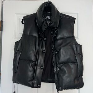 Zara Faux Leather Black Puffer Vest